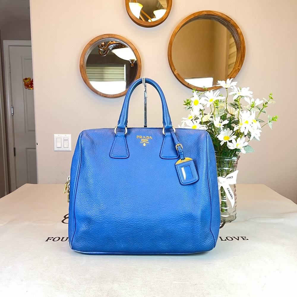 Prada blue leather Saffiano Lux Satchel Handbag